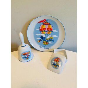 Vintage 1982 Smurf Collectible Gift Set, Bell, Trinket Box and Decorative Plate